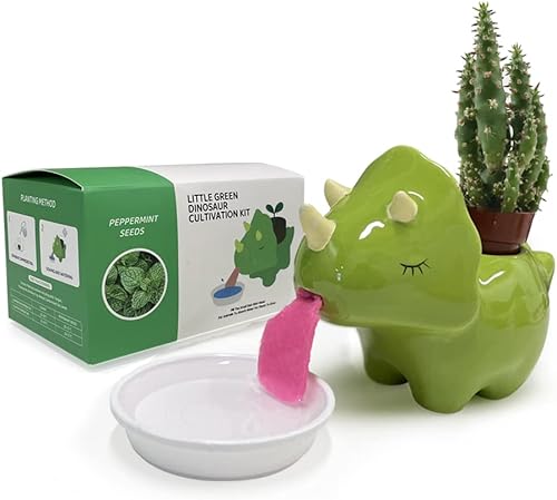 Maceta de dinosaurio, maceta de lengua de animales con riego automático, bonita mini mochila de cerámica con drenaje para decoración del hogar,