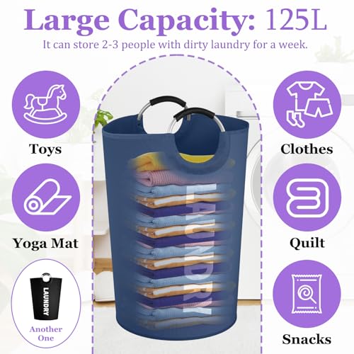 Image of Set of 2 Collapsible Laundry Basket 125L, Tall Laundry Hamper with Comfort Handle, Freestanding Storage Bin for Family, Apartments, Dorm,Black + Navy Blue
