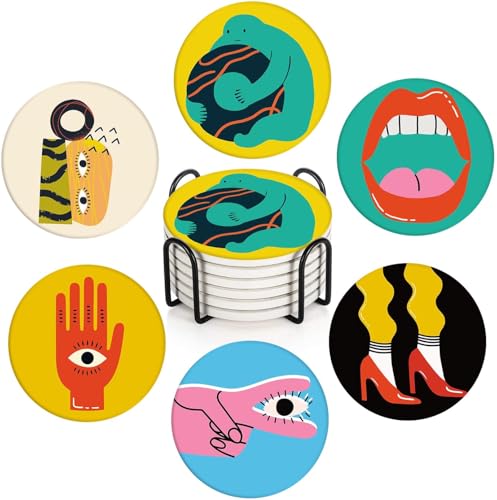 Britimes Table Coaster for Drinks Set of 6, Cute Funny Vintage Music Retro Geometric Coffee Absorbent Round Ceramic Stone Mat, with Cork Base and Metal Holder, Gift for Housewarming Room Bar Decor