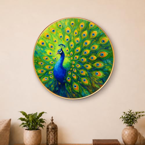 Image of PAINTINGMANTRA Peacock Round Wall Art Painting With Frame For Living Room| Vastu-Inspired Wall Art Framed Painting | Round Artistic Wall Hanging for Home, Bedroom, Office & Gifting, 23 Inch
