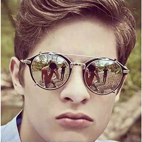 Dollger Steampunk Sunglasses Flip Up Vintage Round Designer Weird Sunglass Mirror Lens(Black Lens+Silver Frame) steampunk buy now online Dollger Steampunk Sunglasses Flip Up Vintage Round Designer Weird Sunglass Mirror Lens(Black Lens+Silver Frame) steampunk buy now online
