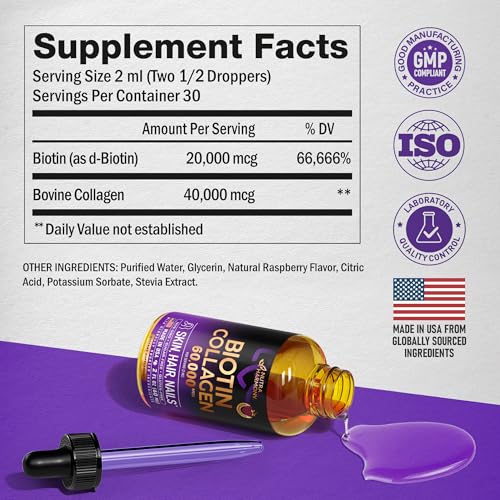 Nutraharmony DB-0223 Liquid Biotin & Collagen - Vitamins For Hair Growth Support For Women & Men - Extra Strength 60000 Mcg Drops - B7 Supplement thumb #6