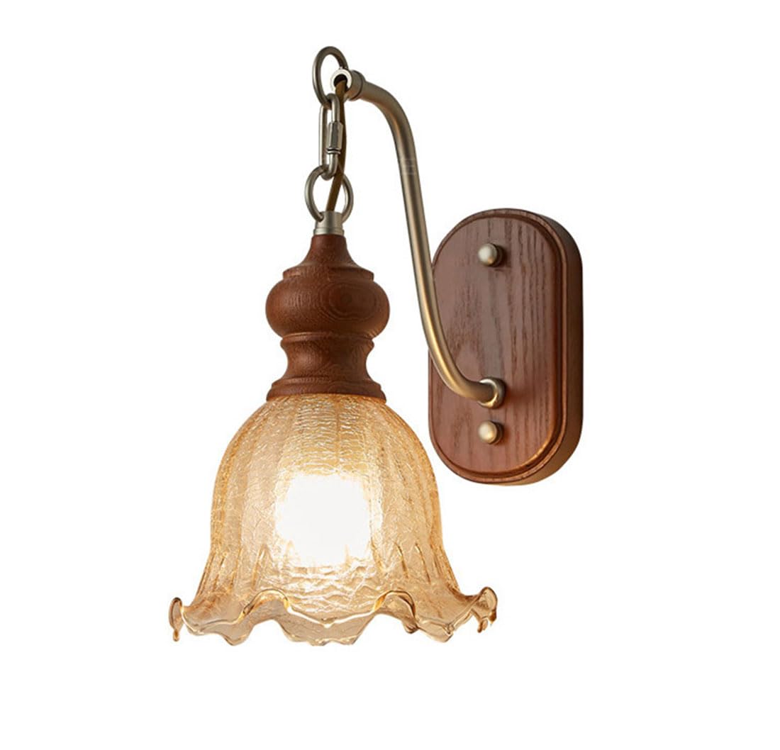 HUAYUSEDF Modern Wall Sconce Flower Glass Lampshades Industrial Wooden Base Light Fixtures Retro Bedside Lamp for Bedroom Living Room Stairway Hallway Dining Loft (Walnut Color)(Walnut Color)