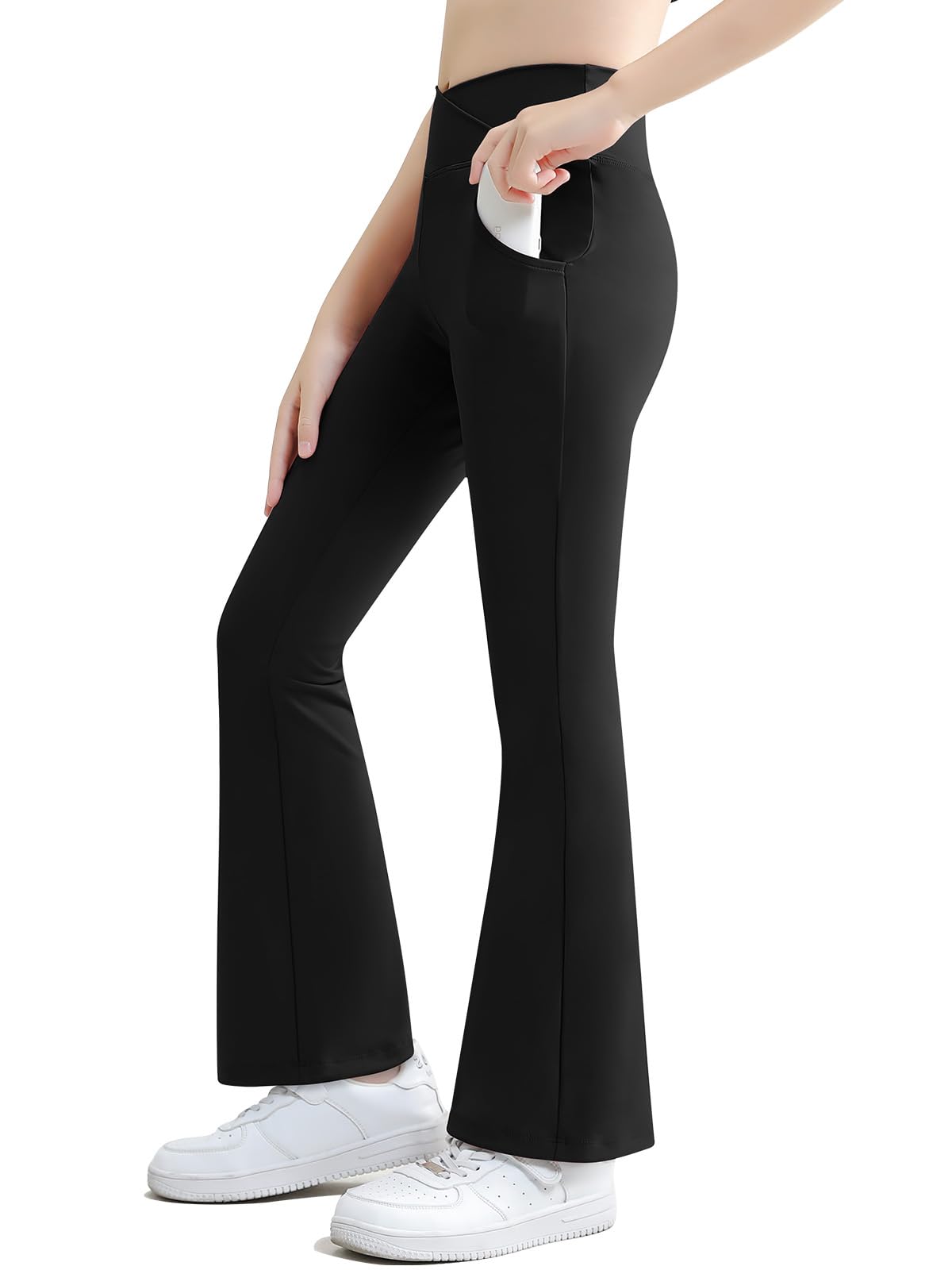 NaiyaflyGirls Yoga Legging Flare Pants with Pockets V Cross High Waisted Bootcut Wide Leg Workout Bell Bottoms Dance Athletic Leggings