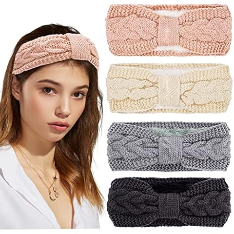 AnyDesign 4 Stück gedrehte Strick-Stirnbänder Winter geknotete Zopfkopfwickel Dicke Häkel-Turban Ohrwärmer Elastisches Haarband Cover