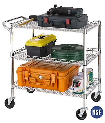 Finnhomy 3 Tier Heavy Duty Commercial Grade Utility Cart, Wire Rolling Cart With Handle Bar, Steel Service Cart With Wheels, Utility Shelf Plant Display Shelf Food Storage Trolley, Nsf Listed #TOP1