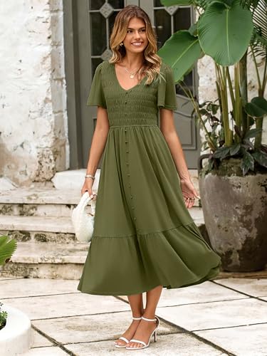 Image of Simplee Womens Summer Smocked Flowy Dress - Casual Flutter Sleeve Tiered Boho Maxi Dresses with Pockets