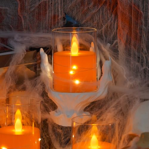 Image of Flameless Flickering 3 inch x4 inch 5 inch 6 inch Clear Plastic Orange 11-Key Remote Candles with Light Strings, LED Battery Operated Cycle Timer Pack of 3 Candles for Halloween Festival Decor