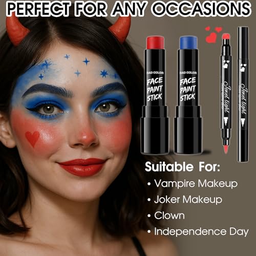 Image of BADCOLOR 3PCS Red Blue Face Body Paint Stick Makeup for Harley /Joker SFX Cosplay & Dress Up, Red Liquid Eyeliner Stamp Pen for Clown Costume Cosplay