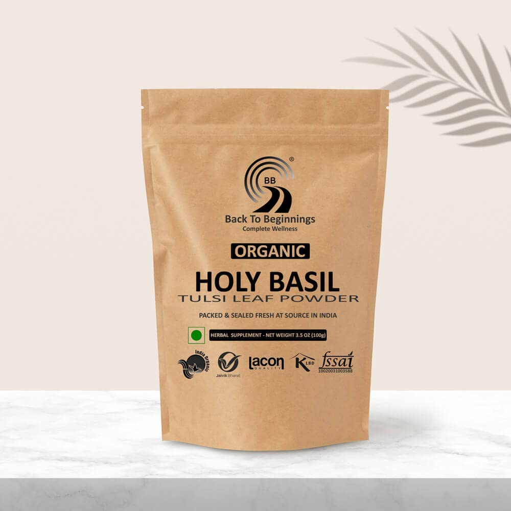 BB Back to Beginnings Organic Holy Basil | Tulsi | Leaf Powder 100 Gms | Boosts Immunity - Respiratory Health - Skin Care | Non-GMO | 1 Eco-Friendly Resealable Zip Lock Pouch