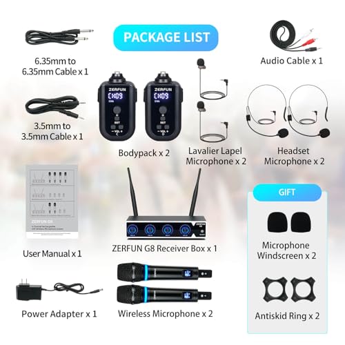 Image of 4 Channel Rechargeable Wireless Microphone System, Pro UHF Metal Handheld Headset Lavalier Lapel Cordless Mics for Karaoke Singing Church with VOL Control, 4x50 Adjustable Frequency(G8)