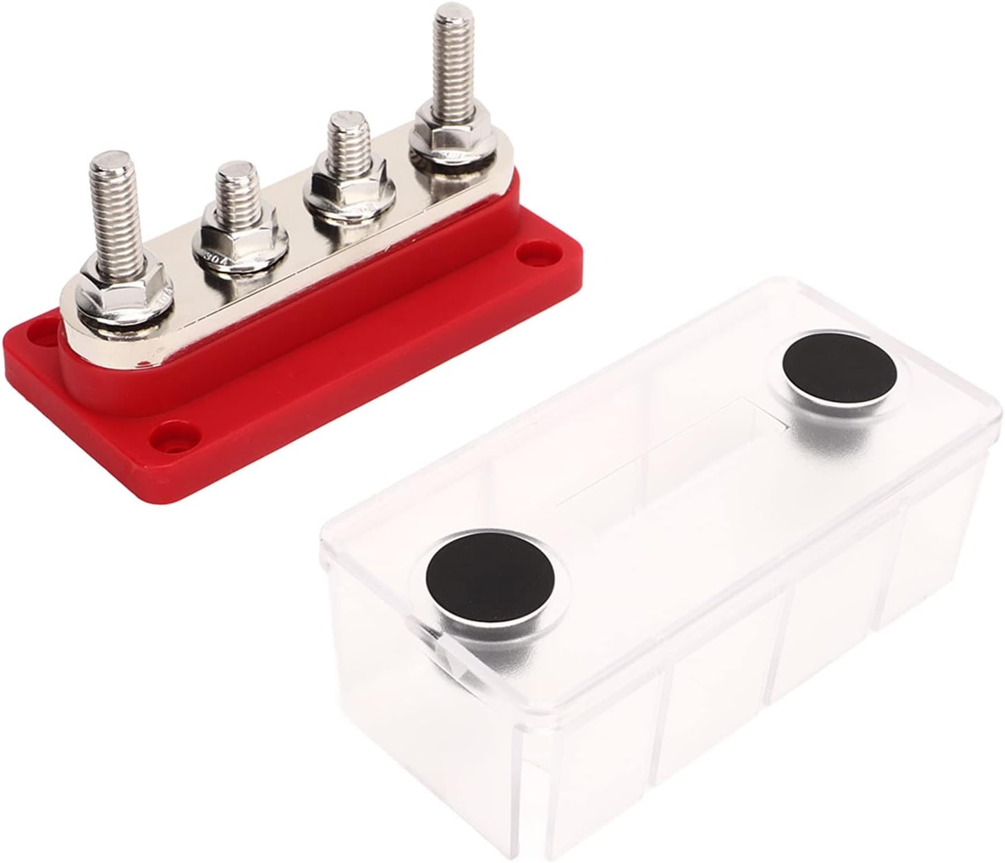 Power Distribution Block, 4 - Terminal Bus Bar DC 12V - 48V 300A - Detachable Safety Cover, Plated Brass, Neat Wiring for Car RV Marine (Red)