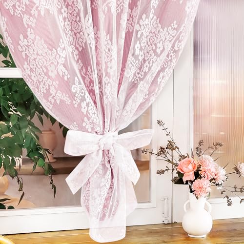 Image of Yinhua Pink Kitchen Curtains 36 Inch Length Double Layer Blackout Cafe Curtains with Floral Sheer Overlay Rod Pocket Short Curtain for Windows, Small Window Curtain for Bathroom, Living Room, 2 Panels