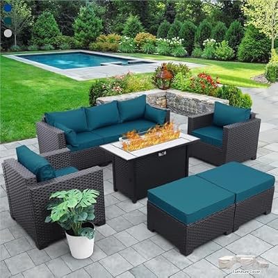 Pieces Patio Sofa Outdoor Chairs Outdoor Patio Furniture Waterproof Covers Anti-Slip Cushions 45 in Outdoor Fire Pits Outdoor Propane Fire Pit Table Patio Furniture Set Peacock Blue