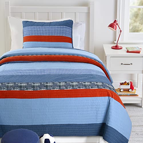 Cozy Line Home Fashions Navy Blue Red Striped Boy 100% Cotton Reversible Quilt Bedding Set, Coverlet, Bedspread (Varsity, Twin - 2 Piece)
