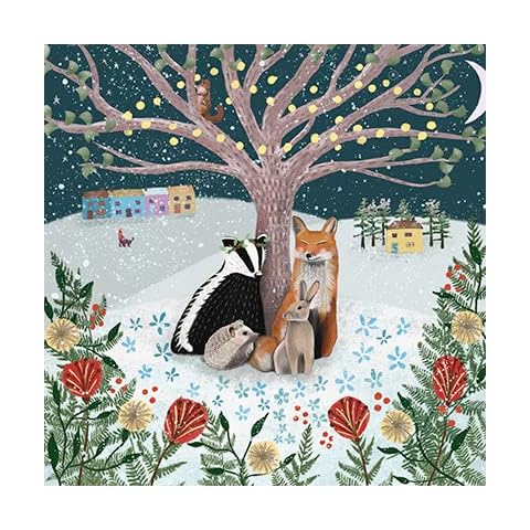 GBCC Paper House Pack of 6 Artistic Charity Christmas Cards - 'Woodland Animals In The Snow' - Fox, Rabbit, Badger and Hedgehog - From The Great British Card Company, multi, 141 x 141 mm Cover