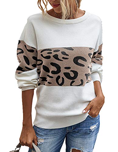 PRETTYGARDEN Women’s Casual Long Sleeve Off Shoulder Knitted Sweater Leopard Print Color Block Loose Pullover Tops