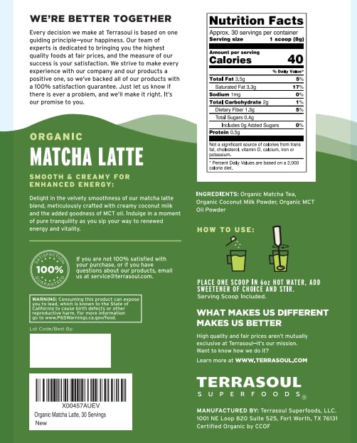 Miniatura 3 de Terrasoul Superfoods Latte Matcha Orgánico  Grado Premium, Vegano y Sin Lácteos  8.47oz