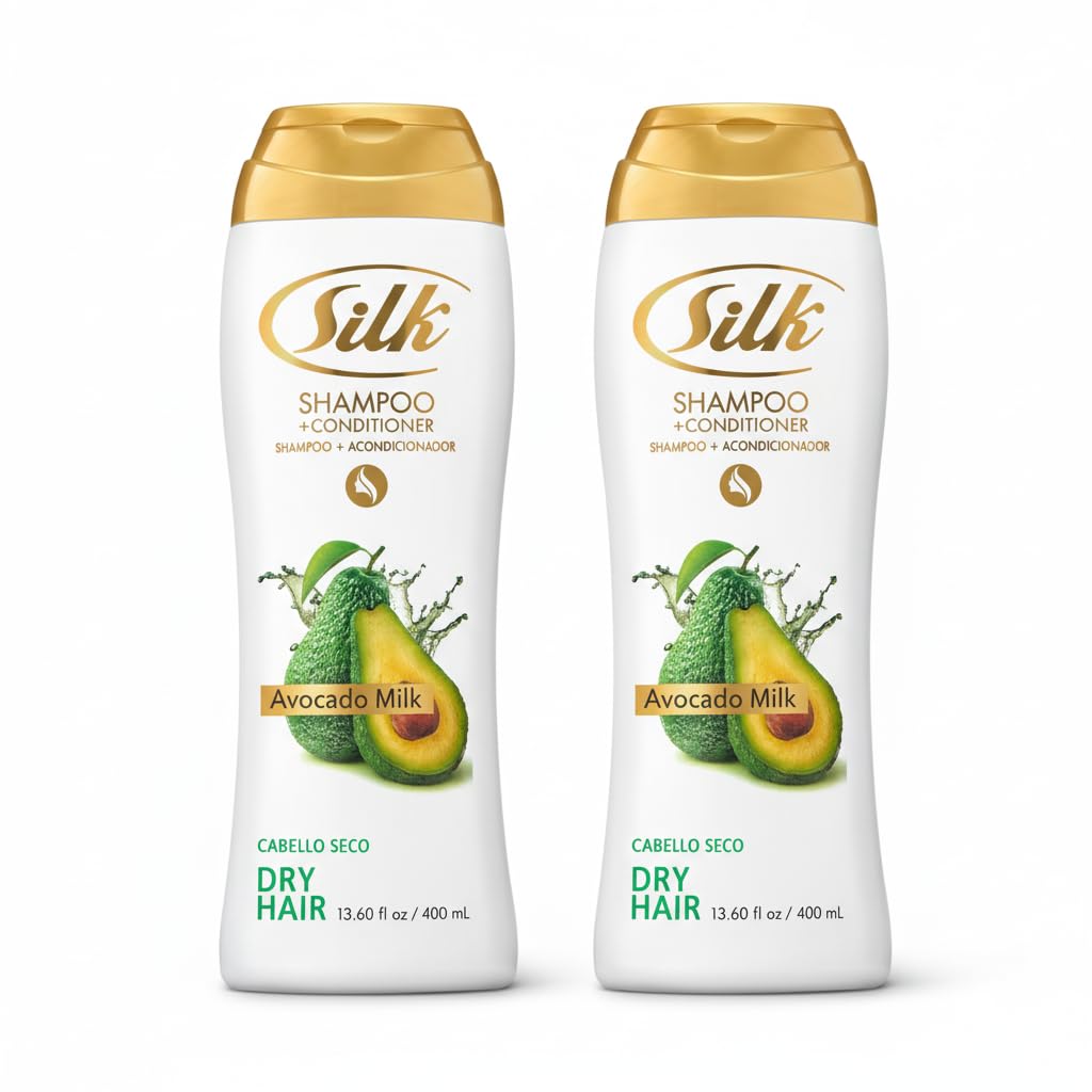 SILK 2 in 1 Shampoo and Conditioner for Dry, Damaged Hair – Deep Nourishing Wash with Avocado Extract – Anti-Frizz, Shine & Softening for Men & Women – Avocado Milk Scent, 13.6 fl oz (Pack of 6)