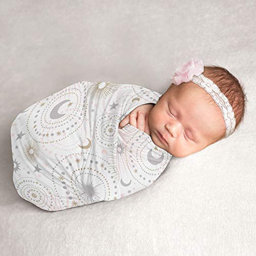 Image of Sweet Jojo Designs Star and Moon Baby Girl Swaddle Blanket Jersey Stretch Knit for Newborn or Infant Receiving Security - Blush Pink, Gold, and Grey Celestial