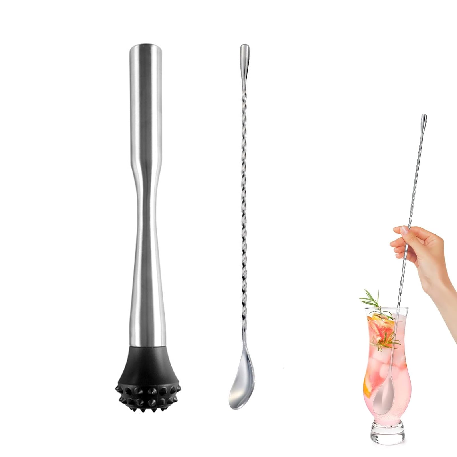 Stainless Steel Cocktail Muddler with Mixing Spoon, Muddler Pestle with Mixing Bar Spoon, Bar Stick Mixed Spoon Bartender Cocktail Shaker Bar Tool Set Spoon for Making Mix and other Fruit Drinks