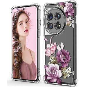 for OnePlus 12 5G Case,1+ 12 Phone Case, Crystal Clear Flower Pattern Slim Flexible TPU Reinforced Corners Shock-Absorption Case Cover for OnePlus 12- Purple