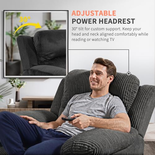 Image of EONIX Real Zero Clearance Wall Hugger Power Recliner Chair with Adjustable Headrest for Small Spaces, RV, Living Room, Bedroom, 24.4'' Seat Width, 400lbs Heavy Duty, SXXY017992, Corduroy, Jet Black