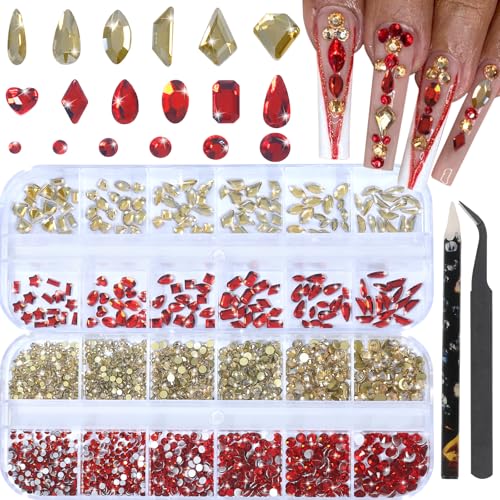 HNUIX Nail Rhinestones for Nails - 3D Multi Shapes, Flat Back, Small Nail Gems, Champagne Gold & Red Tiny Nail Diamonds, with Kit, for Nail Art, DIY Decor