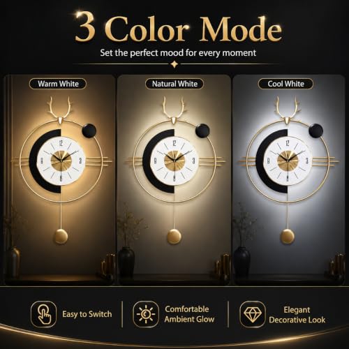 Image of Smartway Mitrin 6 Watt LED Wall Lamp with Clock | Modern Decorative Wall Light with Deer Art & Golden Pendant | 3 Light Modes (Warm, Natural & Cool White) | Bedroom, Living Room & Bedside