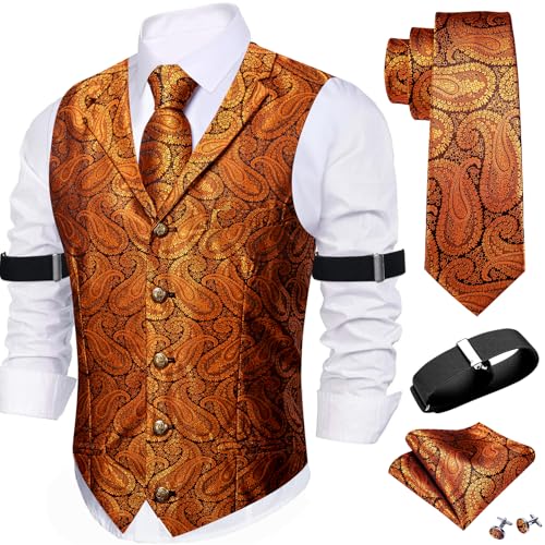 Image of Barry.Wang Mens Silk Lapel /Shawl Collar Vest Tie Sleeve Holder Set Formal /Casual Paisley Vests Wedding Tuxedo Waistcoat