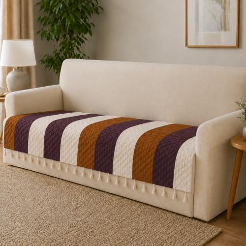 Image of Velvet Quilted Sofa Armrest Covers (Pack of 2) | Stripes | Anti-Slip Soft Washable Arm Covers with Tassels | 24 x 27 Inches (Half)