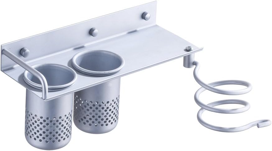 Hair Dryer Holder, HHXHH Wall Mounted Bathroom Toothbrush Holders Shelves Space Aluminum Spiral Hair Dryer Storage Rack Bathroom Accessories With 2 Cups