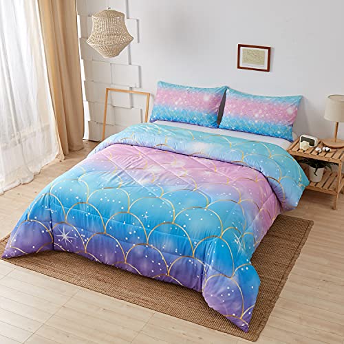 Image of Mermaid Fish Scales Bedding Comforter Set, Magical Colorful Seamless Pattern with Fish Scale net,Pink Blue Gold Colorful Mermaid Skin Surface,Comforter Sets with 2 Pillow Shams,Twin Size