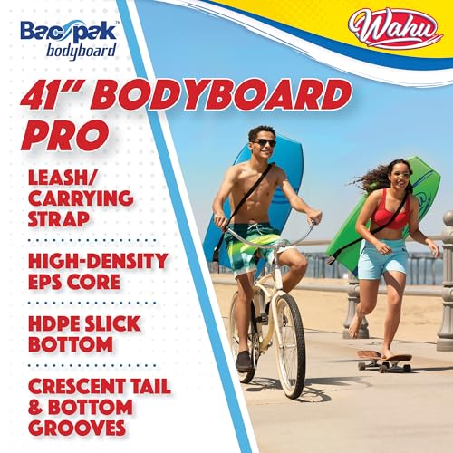 Wahu Bac Pak Bodyboard Pro with Leash, Crescent Tale, EPS Core, XPE Deck, and HDPE Slick Bottom, 41" Lightweight Beach Body Board for Ages 10+, Blue/Dark Blue - Thumbnail 2