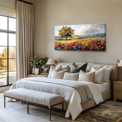 SERIMINO Nature Landscape Wall Art, Rustic Meadow Wildflower Tree Artwork for Walls, Cottagecore Aesthetic Pictures Large Canvas Art Wall Decor Living Room Bedroom Dining Room Prints 24X48 Inch