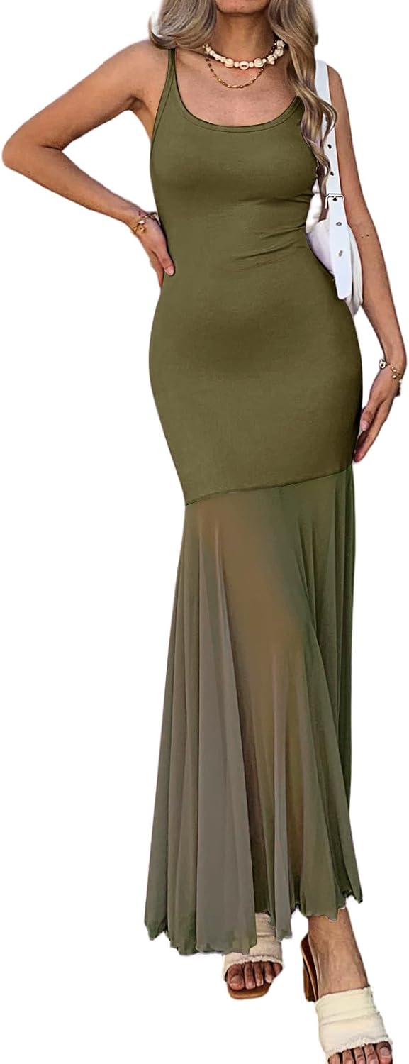 Women’s Sleeveless Maxi Dress Bodycon Long Dress with Flowy Hem Stretch Casual Summ...
