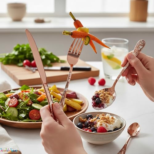 Image of Floral Rose Gold 20 Pcs Stainless Steel Cutlery Set for Dining Table, Dishwasher Safe Glossy Flatware (4 Spoon Set+4 Forks Set+4 Butter Knife+4 Dessert Spoon+ 4 FruitFork)