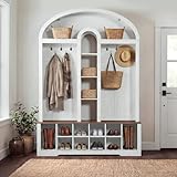 YITAHOME 59" W Hall Tree with Shoe Storage, Arched Entryway Bench with Coat Rack, 10 Shoe Cubbies Shelves & 10 Coat Hooks, Shoe Storage Bench for Entryway Hallway,White