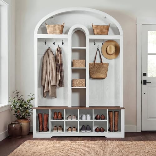 YITAHOME 59" W Hall Tree with Shoe Storage, Arched Entryway Bench with Coat Rack, 10 Shoe Cubbies Shelves & 10 Coat Hooks, Shoe Storage Bench for Entryway Hallway,White