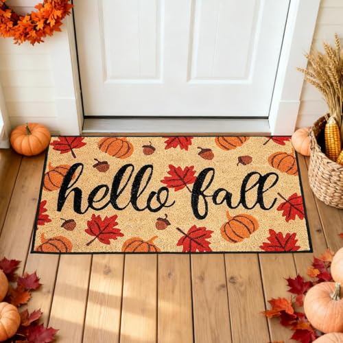 RED-SHYN Thanksgiving Doormat Hello Fall Coir Door Mat Maple Leaves Pumpkin Pinecone Non-Slip Indoor Outdoor Entrance Mat for Autumn Thanksgiving 1730 Inches