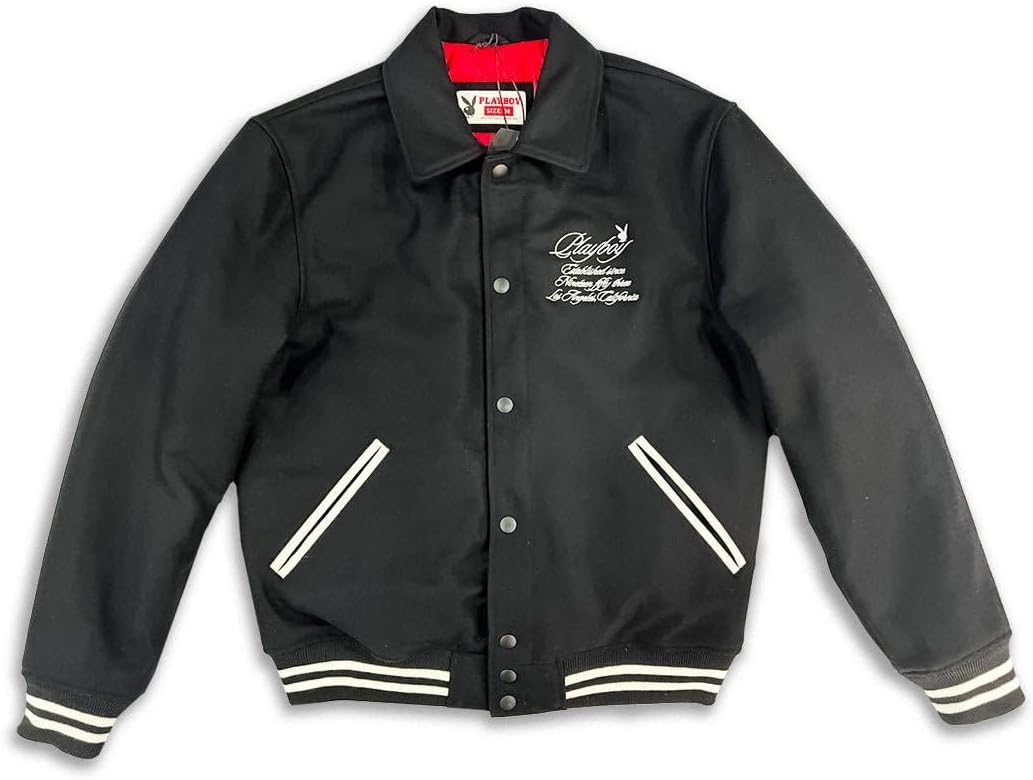 Playboy EST. LA Varsity Jacket, Red Unisex Bomber with Embroidered Logo & Quilted Lining, Streetwear Letterman Style