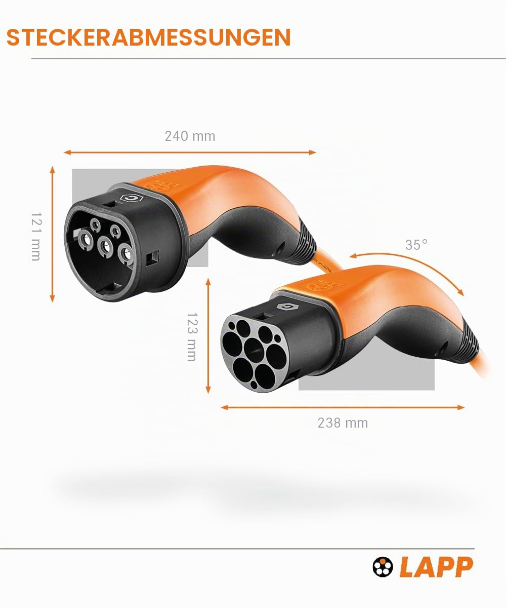 Lapp Mobility Typ 2 Ladekabel 7,4 KW 5m - 32a Ladekabel E Auto 1-Phasig - IP55 geschütztes Ladekabel Mode 3 - Ladekabel Typ 2 mit korrosionsresistenten Steckkontakten - geeignet für PHEV, BEV & EV