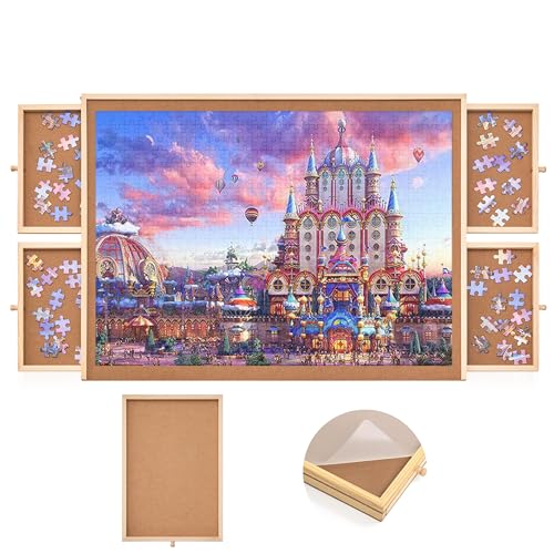 1000 Piece Wooden Jigsaw Puzzle Table - 4 Drawers, Rotating Puzzle Board | 30” X 22” Jigsaw Puzzle Board | Puzzles Cover Included - Portable Puzzle Tables for Adults and Kids