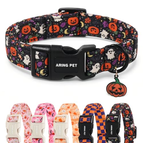 Image of ARING PET Halloween Dog Collar for Puppy Small Medium Large Dog-Black L | Cute Festival Spooky Night Doggy Collars for XS S M L XL Boy Girl Dog, Ghost Pumpkin, Soft Comfy Sturdy, Trick or Treat Party