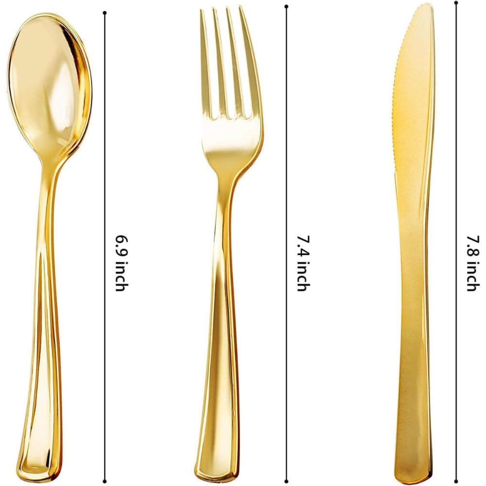 Elegante set di 150 posate in plastica dorata, 50 cucchiai, 50 forchette e 50 coltelli, resistenti, lavabili e riutilizzabili, posate dorate per compleanni, feste, matrimoni ed eventi