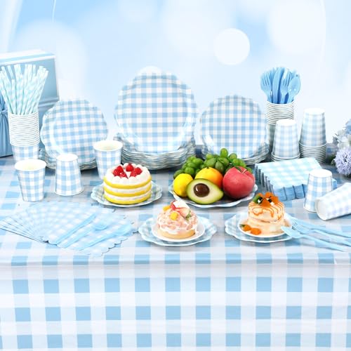 Image of Funnymoom 452 Pcs Blue Gingham Party Supplies for 50 Guests Include White and Blue Checkered Paper Plates Napkins Cups Tablecloth Cutlery Straws for Birthday Baby Shower Wedding Party Decorations