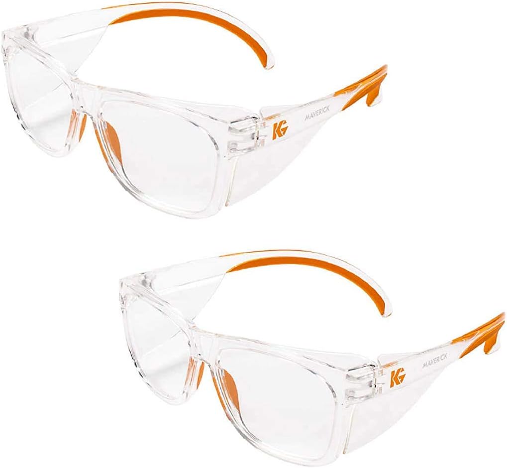 Kleenguard Maverick Safety Glasses with Intergrated Side Shields (2 Pair) (49301 Clear Anti-Fog Lens with Clear Frame and Orange Tips)