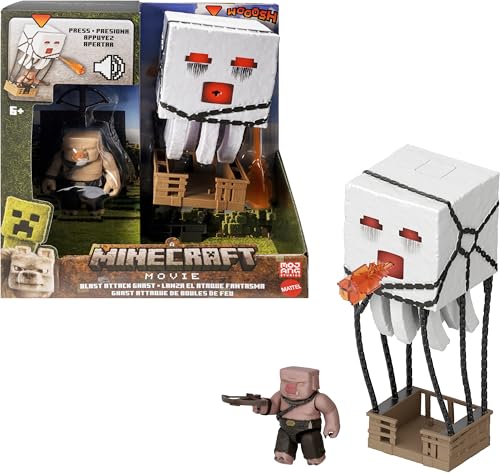 Mattel Minecraft Ghast de ataque con proyectiles Conjunto de figuras de acción con luces, sonidos, lanzador y proyectil, además de un piglin guerrero, inspirado en la película, JFB69
