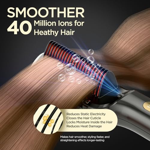Hair Straightener Brush, Upgraded Ionic Hair Straightener Comb with Oil-Infused, Anti-Frizz Ceramic, Anti-Scald, 9 Temp Settings & LED Display, Dual Voltage, Straightening Brush for All Types - Image 4