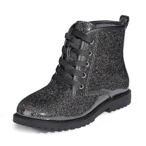 FITORY Girls/Boys Ankle Combat Boots with Side Zipper and Lace-Up, Waterproof Glitter Style, Easy On/Off Sparkle Shoes for Toddler/Little Kid/Big Kid